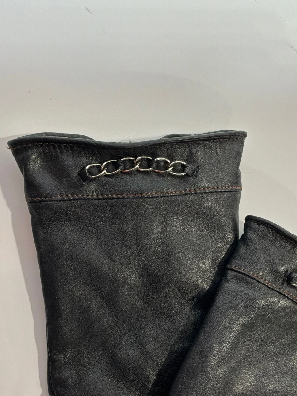 Distressed Leather Gloves w/ Chain Detail Black Sz XL